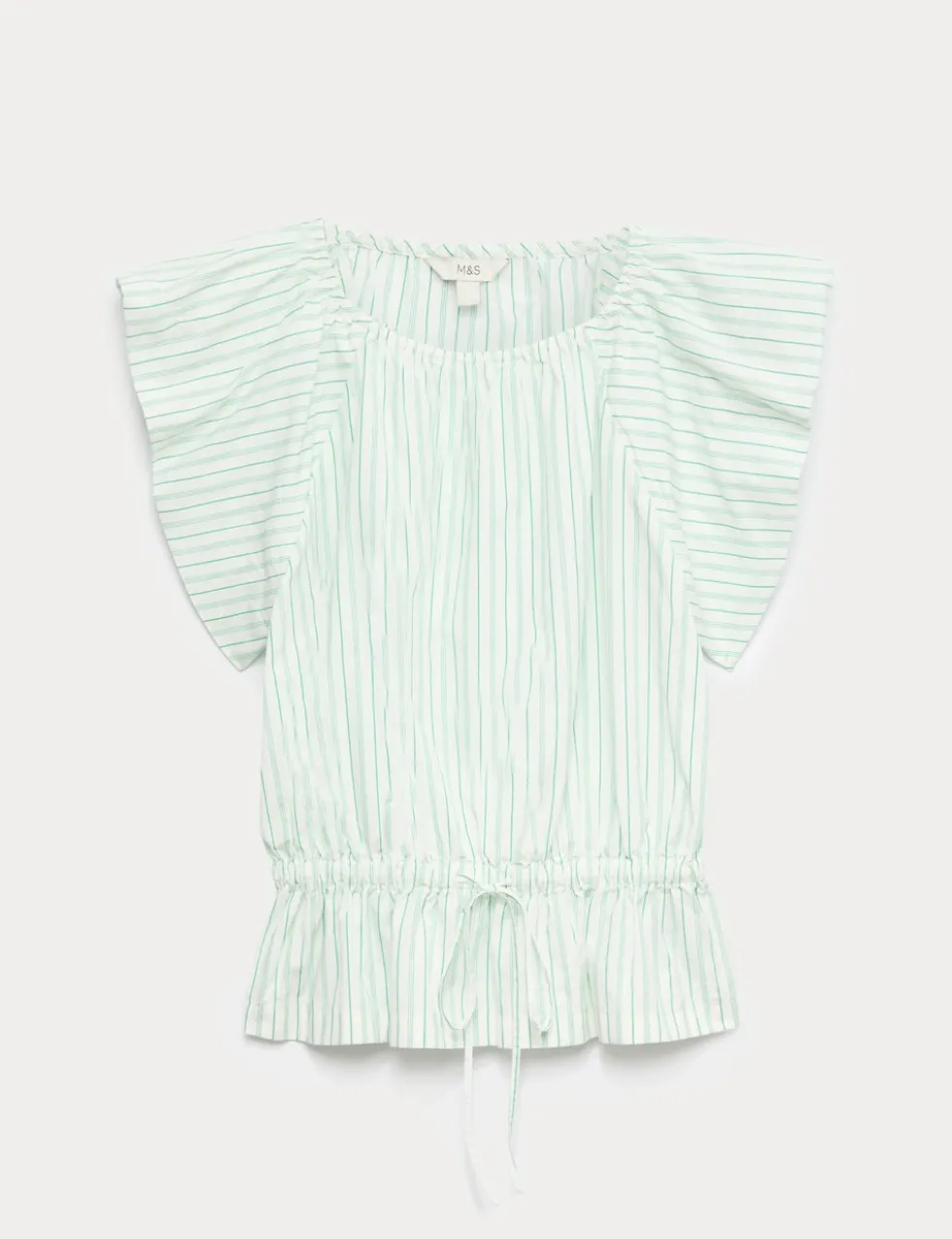 Pure Cotton Striped Puff Sleeve Drawstring Top