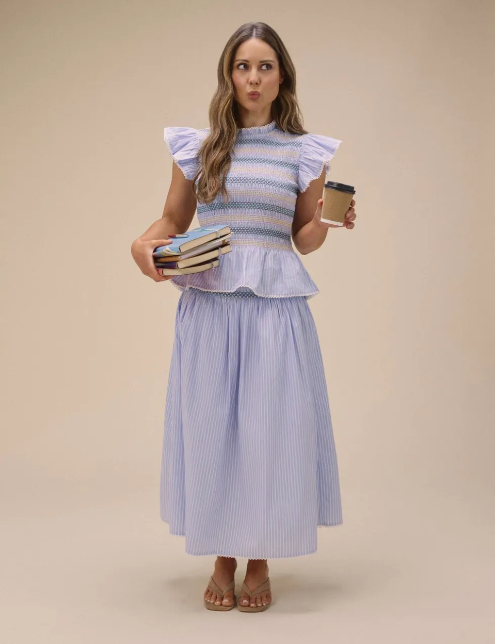 Pure Cotton Striped Shirred Peplum Top