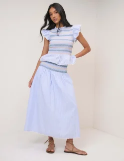 Pure Cotton Striped Shirred Peplum Top