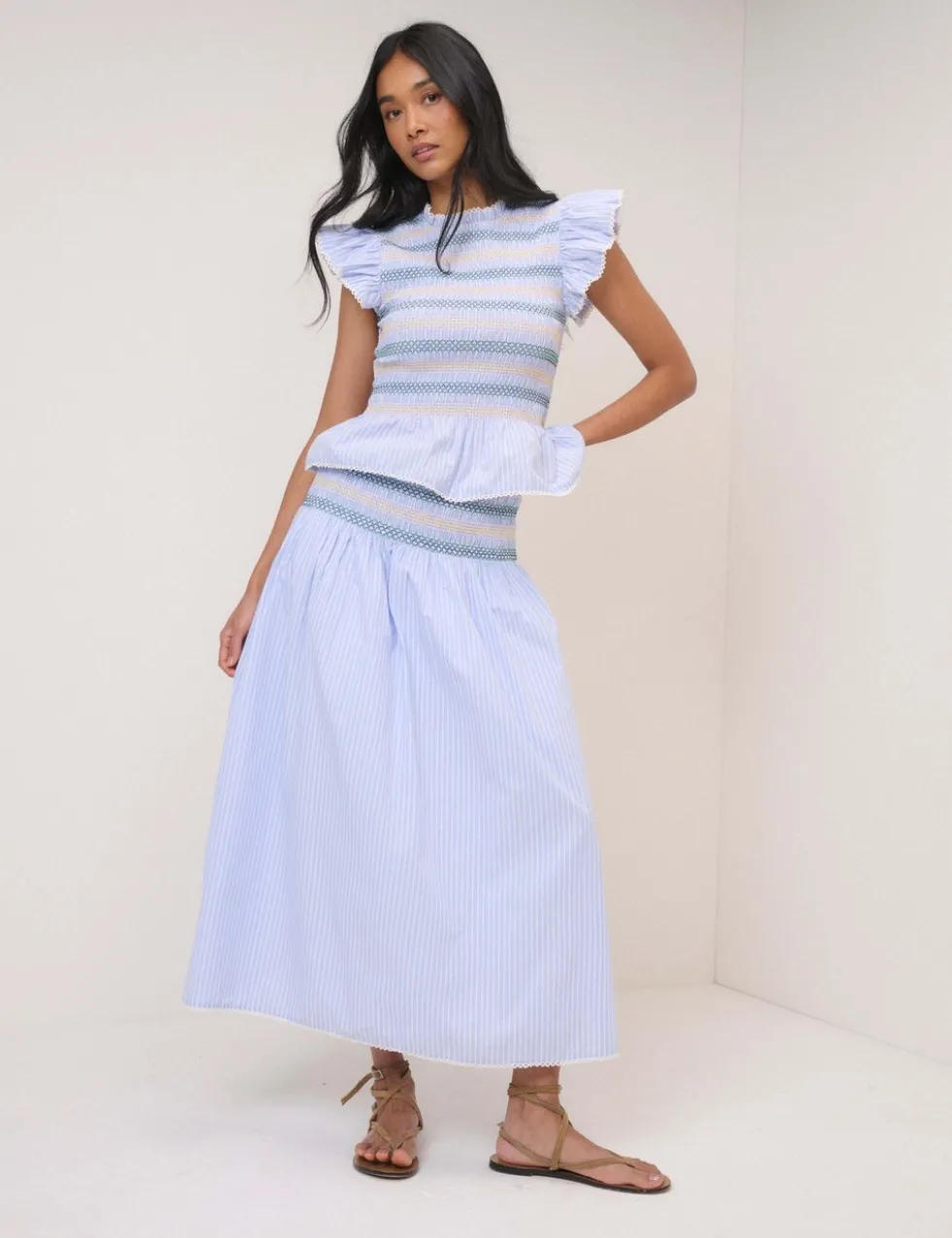 Pure Cotton Striped Shirred Peplum Top