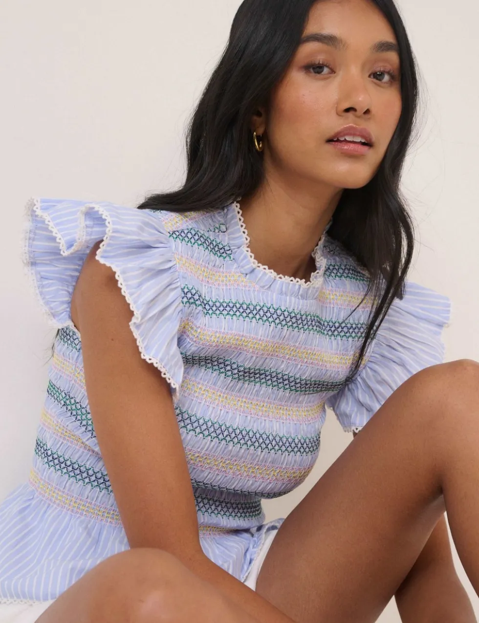 Pure Cotton Striped Shirred Peplum Top