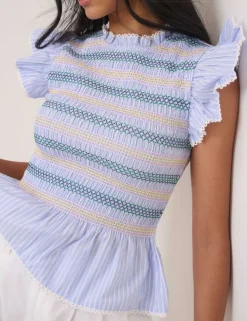 Pure Cotton Striped Shirred Peplum Top
