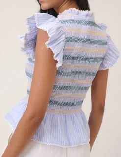 Pure Cotton Striped Shirred Peplum Top