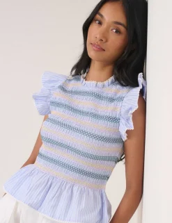Pure Cotton Striped Shirred Peplum Top
