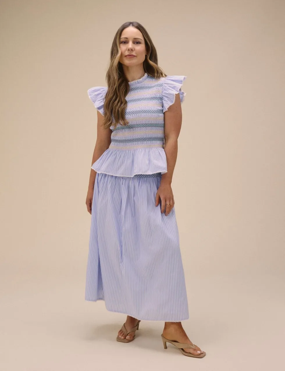 Pure Cotton Striped Shirred Midi Skirt