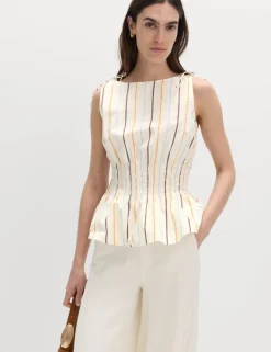 Pure Cotton Striped Shirred Waisted Top