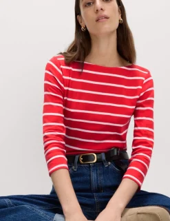 Pure Cotton Striped Slash Neck Slim Fit Top