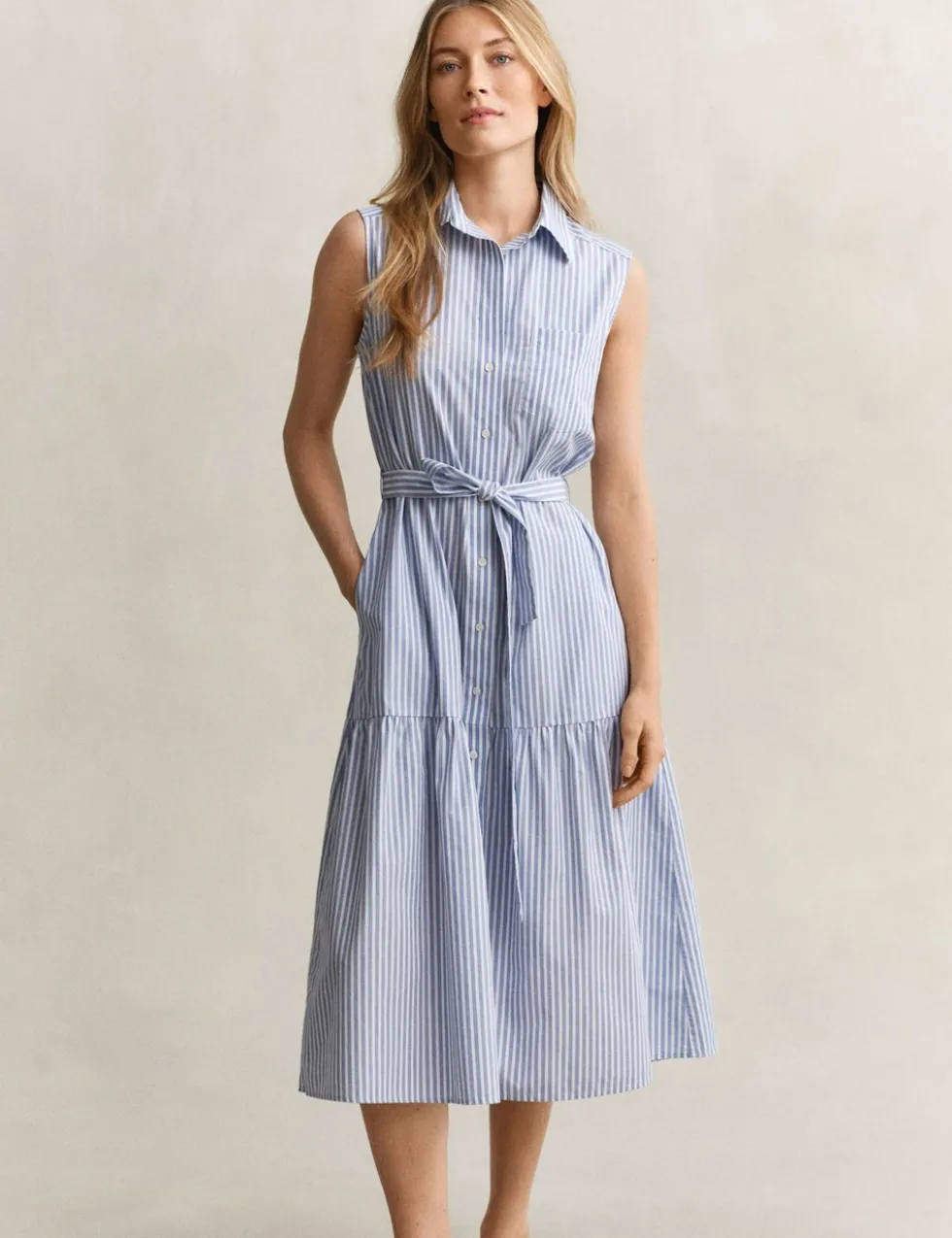 Pure Cotton Striped Sleeveless Midi Shirt Dress