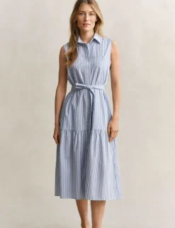 Pure Cotton Striped Sleeveless Midi Shirt Dress