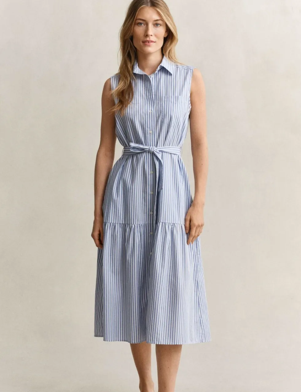 Pure Cotton Striped Sleeveless Midi Shirt Dress