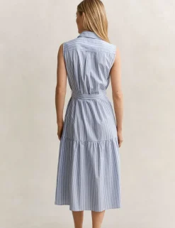 Pure Cotton Striped Sleeveless Midi Shirt Dress
