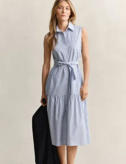 Pure Cotton Striped Sleeveless Midi Shirt Dress
