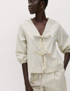 Pure Cotton Striped Tie Front Blouse