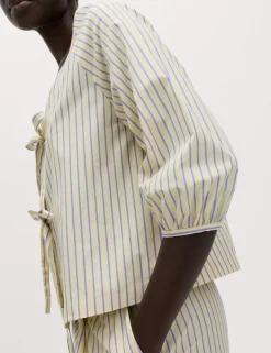 Pure Cotton Striped Tie Front Blouse