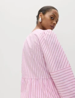 Pure Cotton Striped Tie Front Long Sleeve Blouse