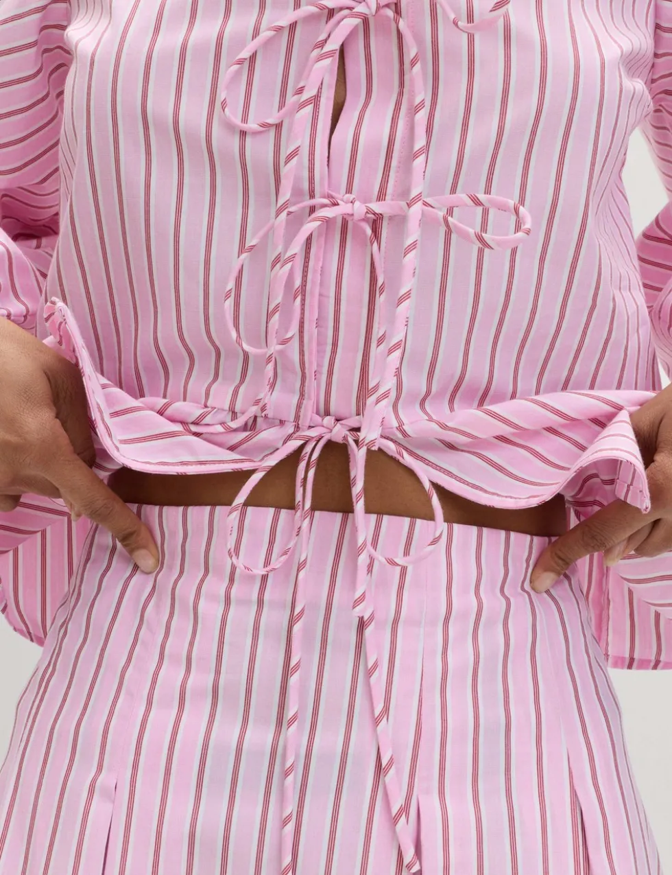 Pure Cotton Striped Tie Front Long Sleeve Blouse