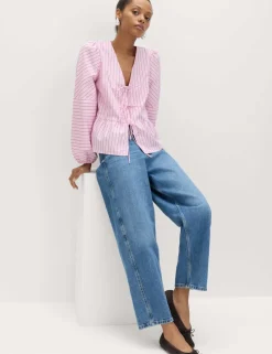 Pure Cotton Striped Tie Front Long Sleeve Blouse
