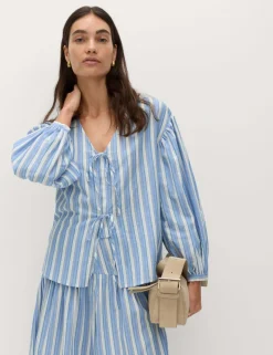 Pure Cotton Striped Tie Front Blouse