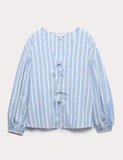 Pure Cotton Striped Tie Front Blouse