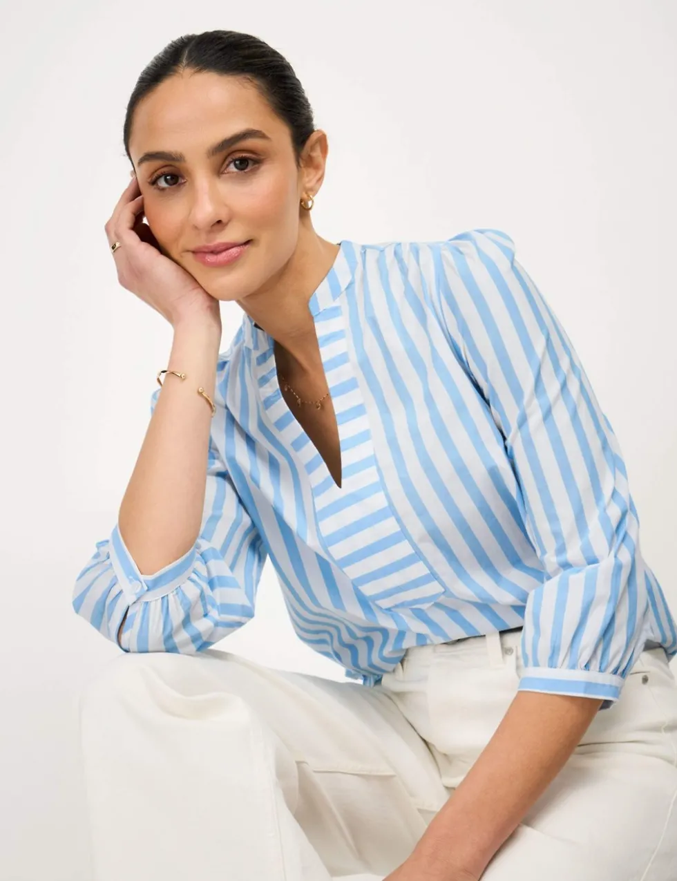 Pure Cotton Striped V-Neck Blouse