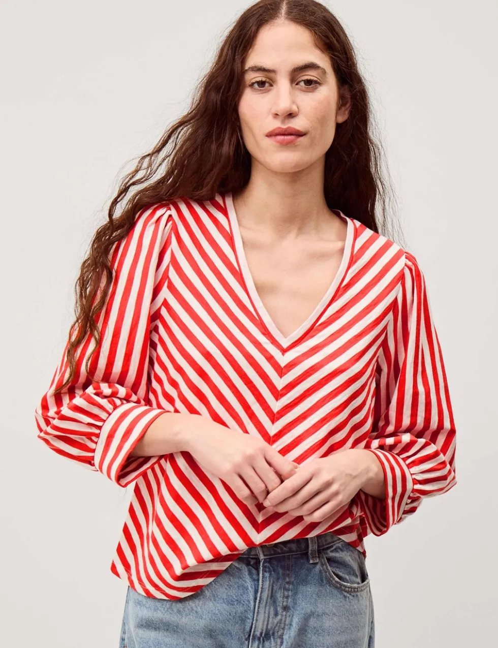 Pure Cotton Striped V-Neck Blouse