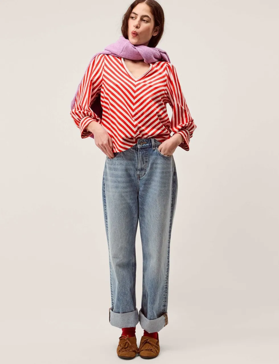 Pure Cotton Striped V-Neck Blouse