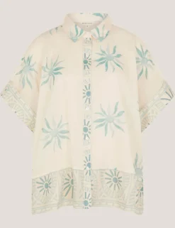 Pure Cotton Sun Print Oversized Collared Shirt