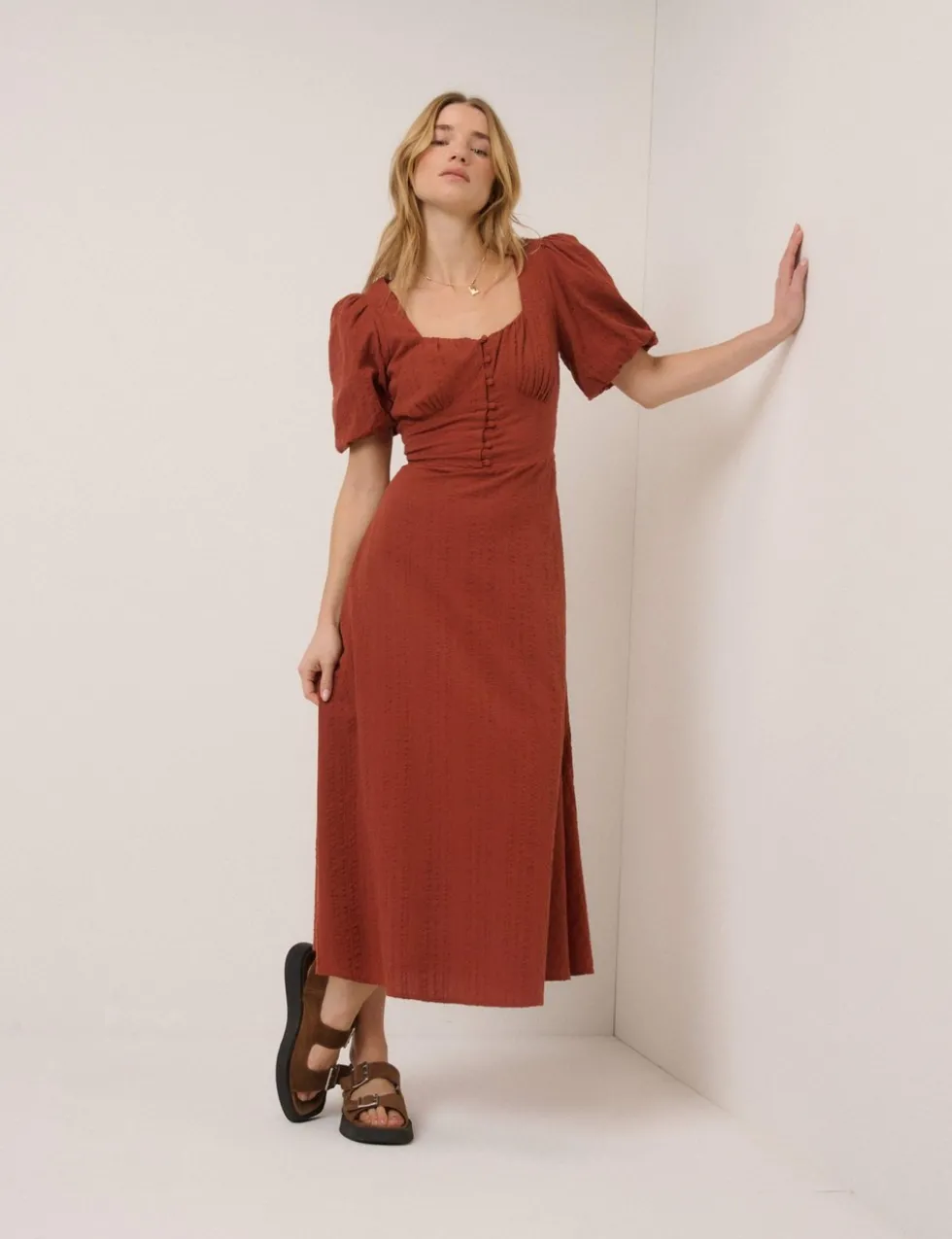 Pure Cotton Sweetheart Neckline Midi Dress