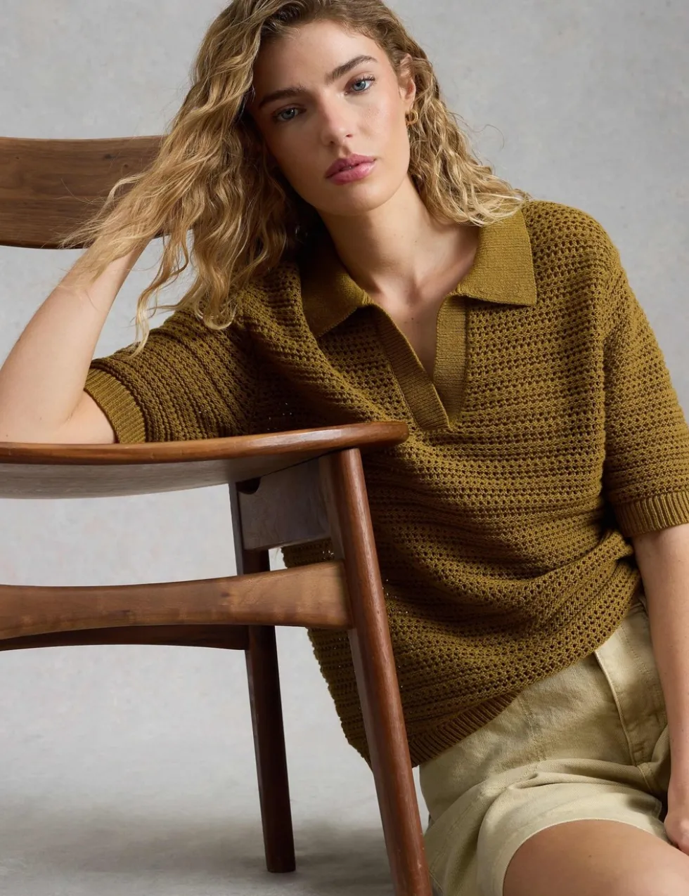 Pure Cotton Textured Collared Knitted Top
