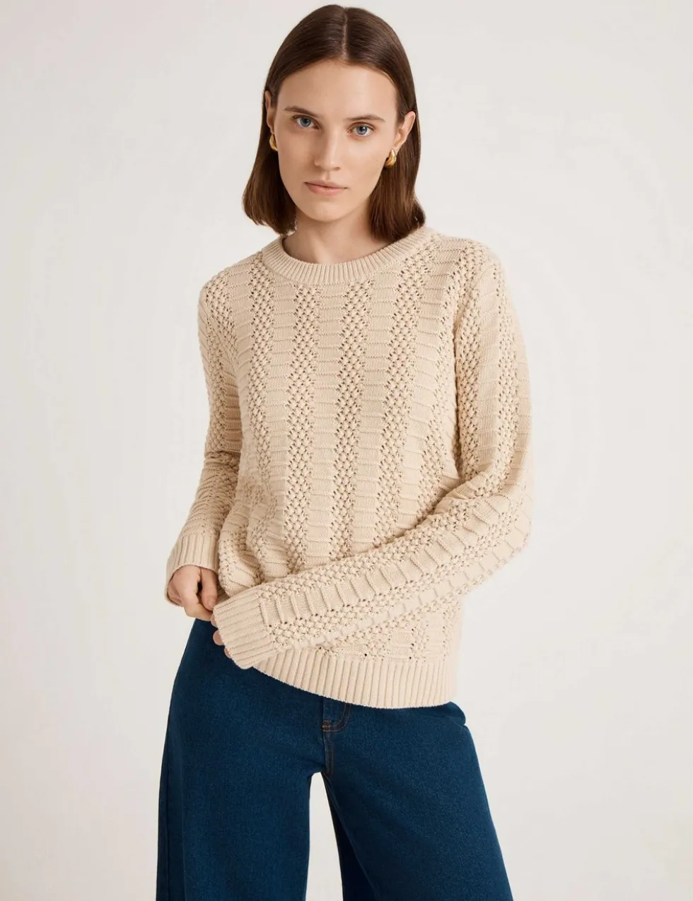 Pure Cotton Textured Crew Neck Jumper