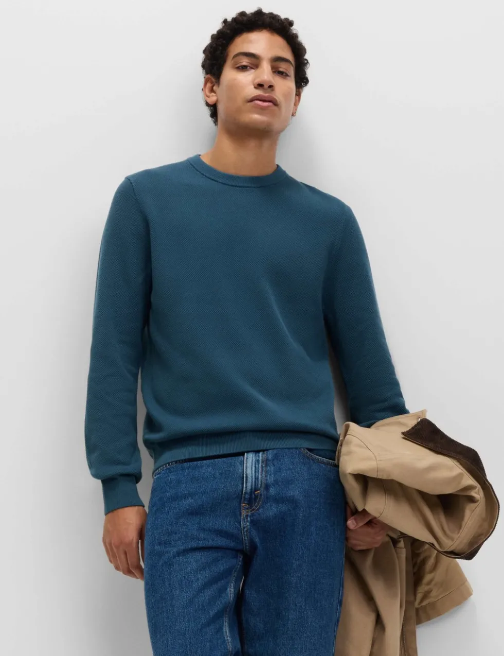 Pure Cotton Textured Crew Neck Jumper