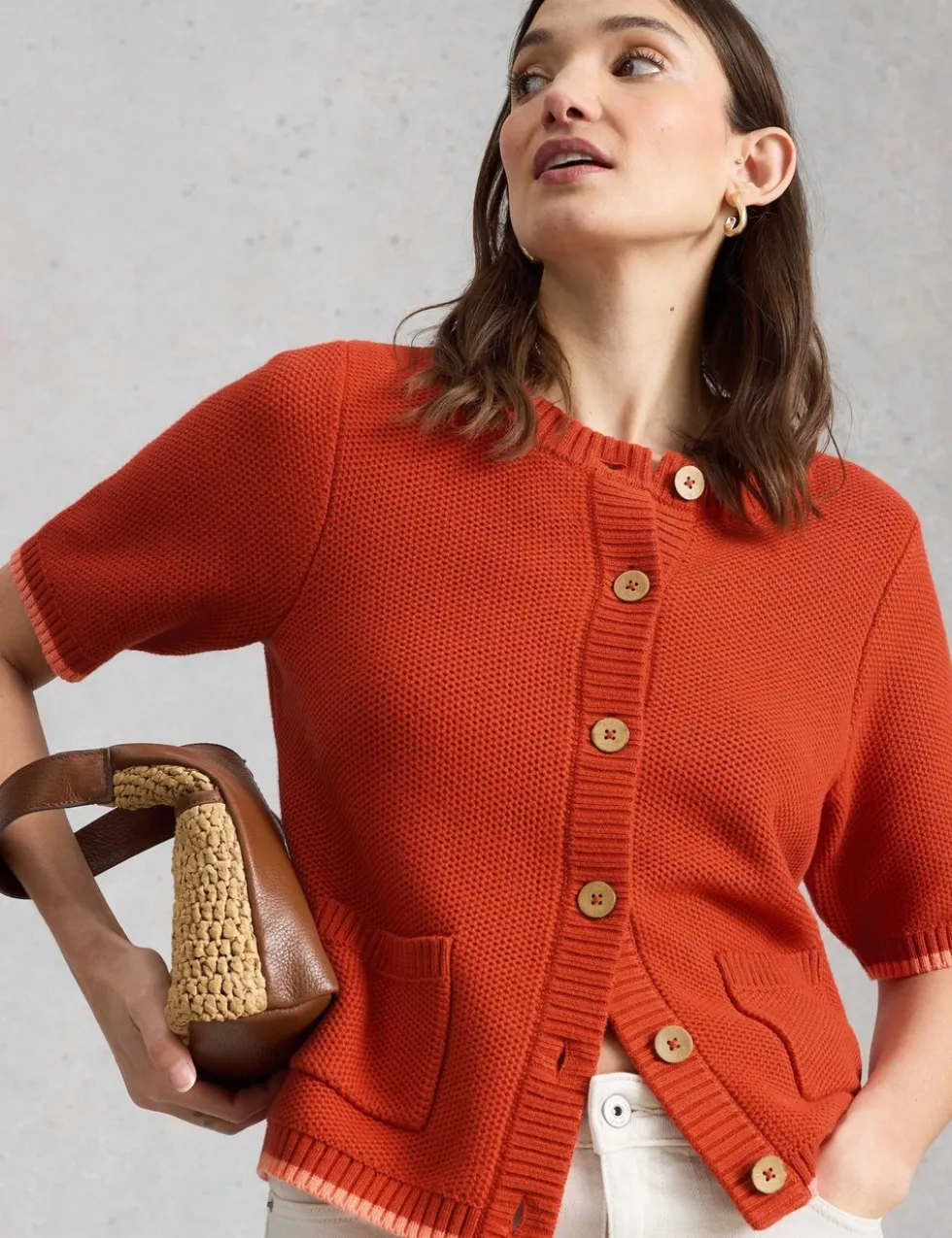 Pure Cotton Textured Crew Neck Cardigan