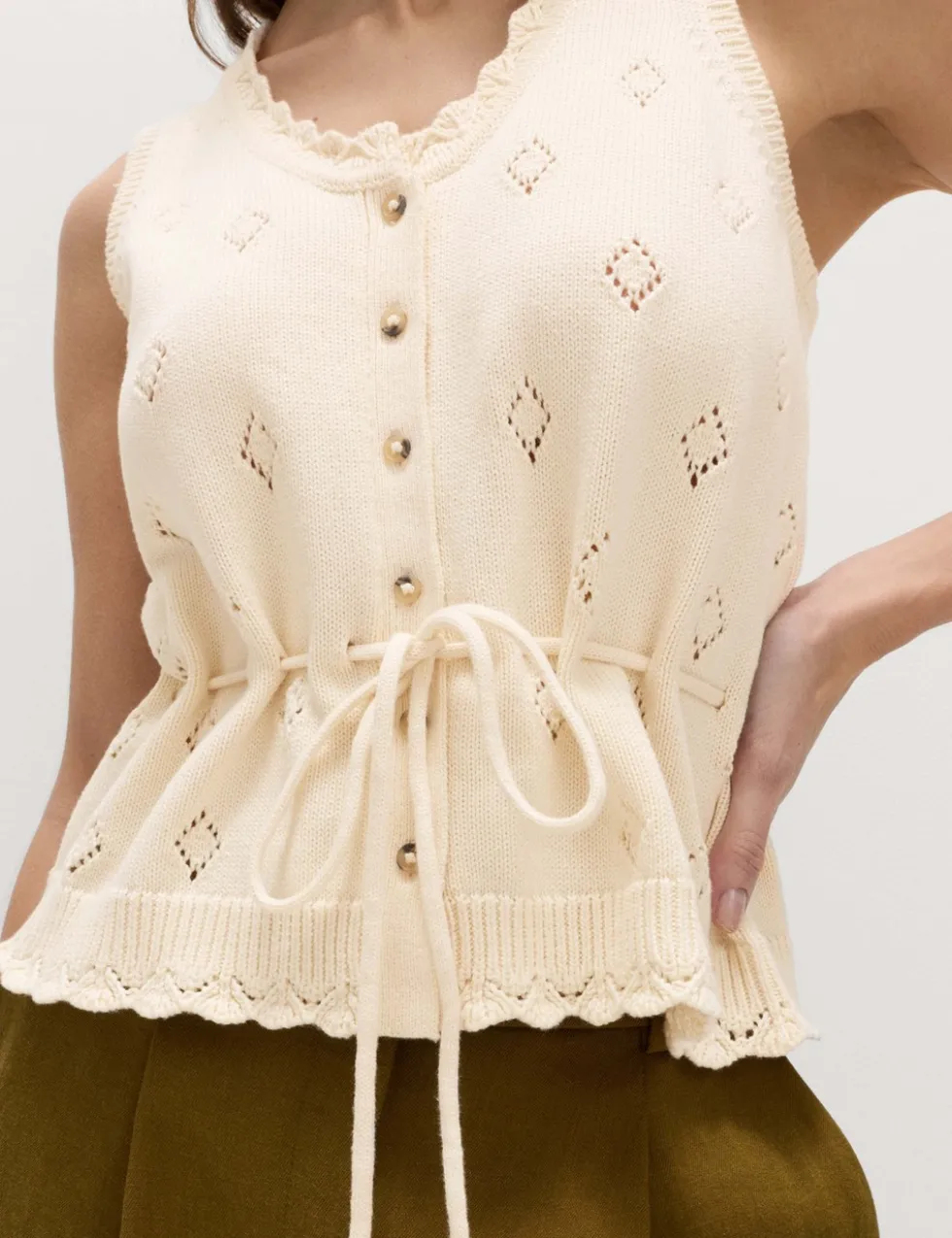 Pure Cotton Textured Cropped Knitted Vest
