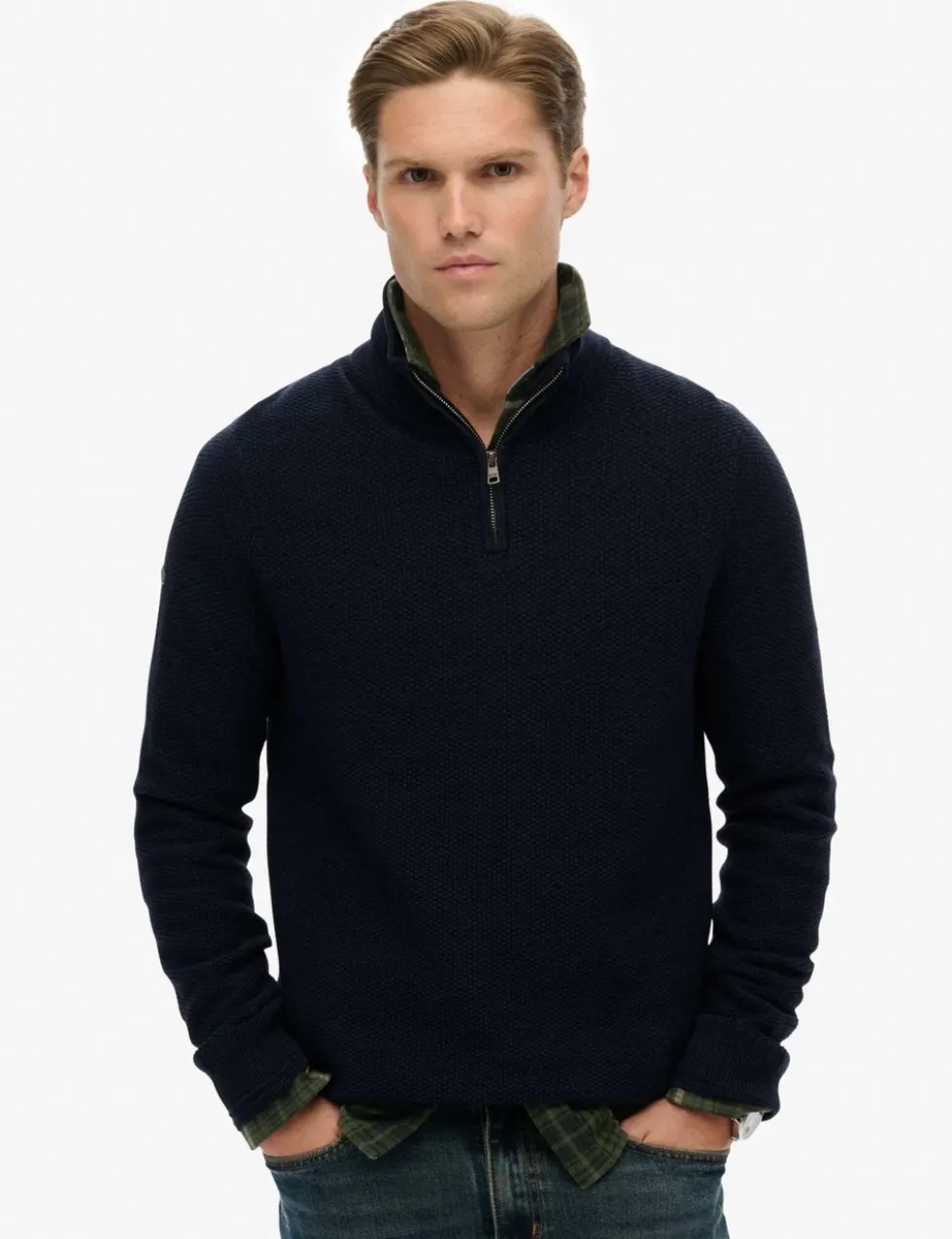 Pure Cotton Textured Half Zip Jumper