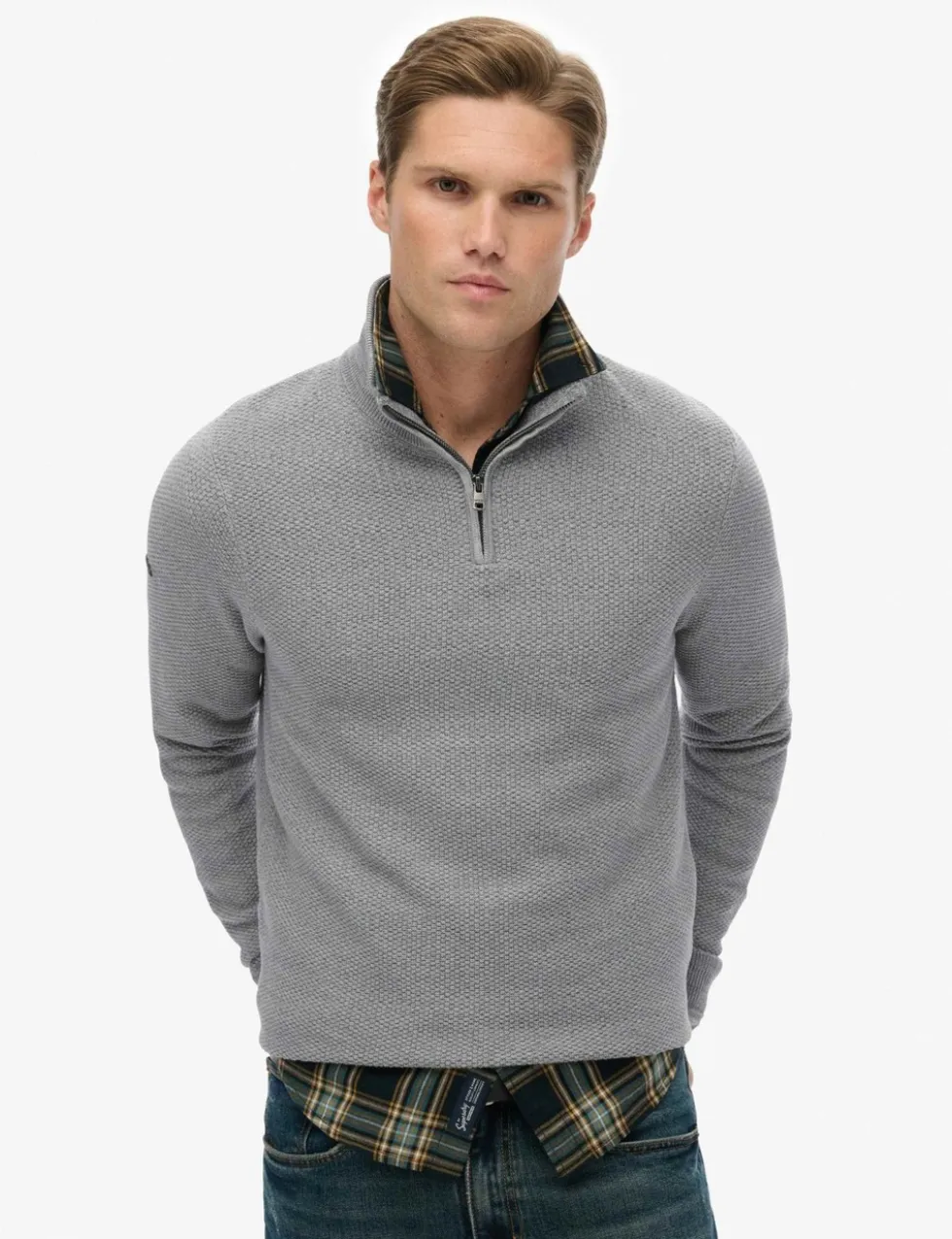 Pure Cotton Textured Half Zip Jumper
