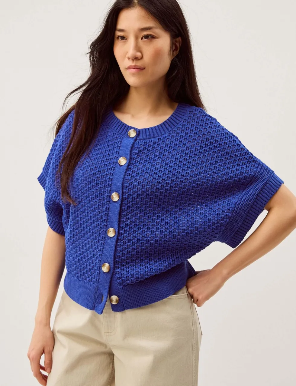 Pure Cotton Textured Half Sleeve Cardigan