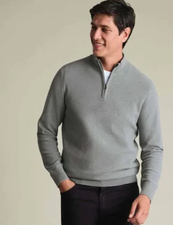Pure Cotton Textured Half Zip Jumper