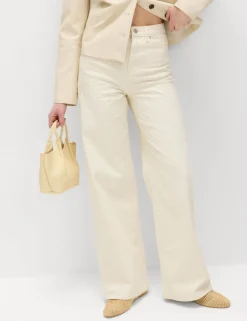 Pure Cotton Textured High Waisted Wide Leg Jeans