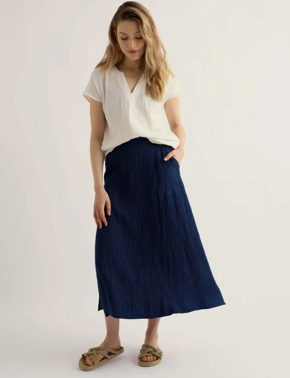 Pure Cotton Textured Midi A-Line Skirt