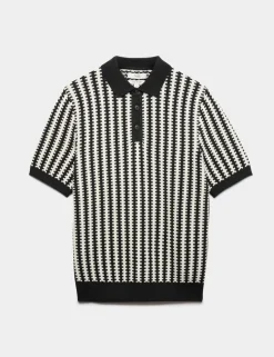 Pure Cotton Textured Striped Knitted Polo Shirt