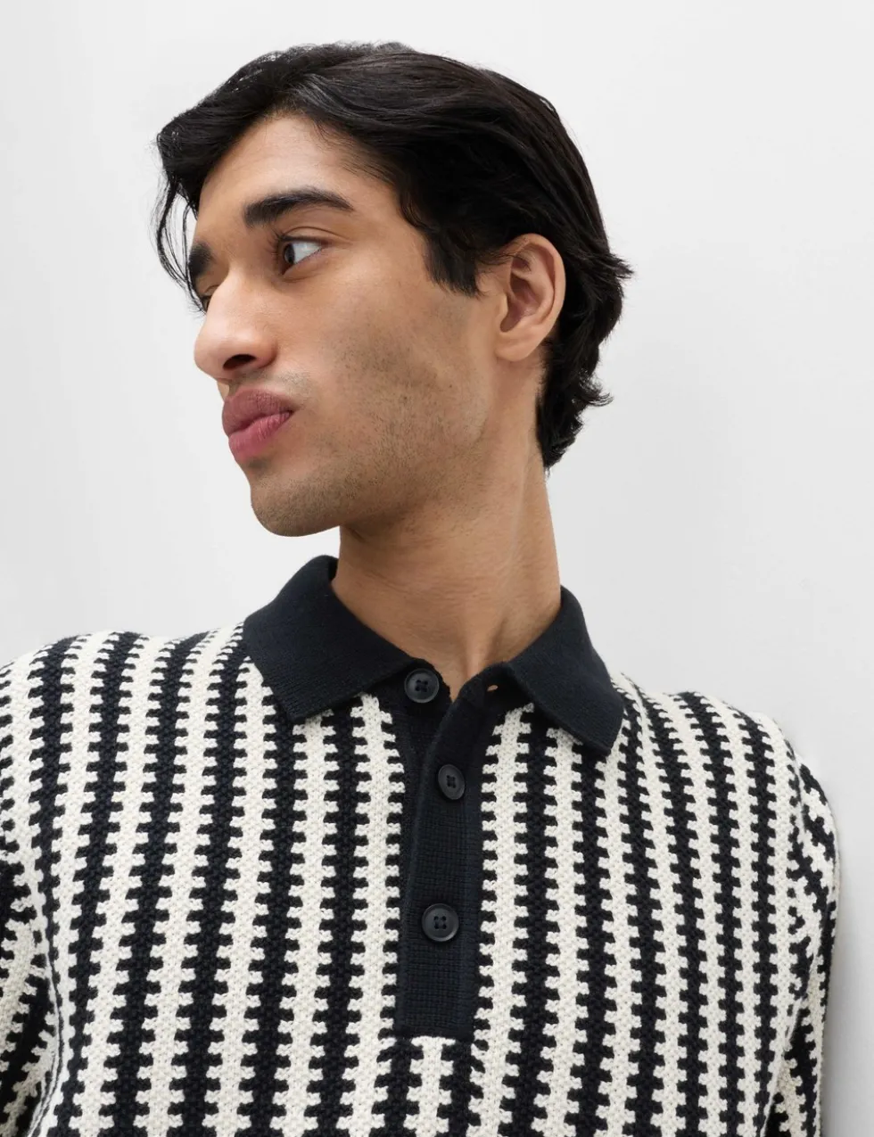 Pure Cotton Textured Striped Knitted Polo Shirt