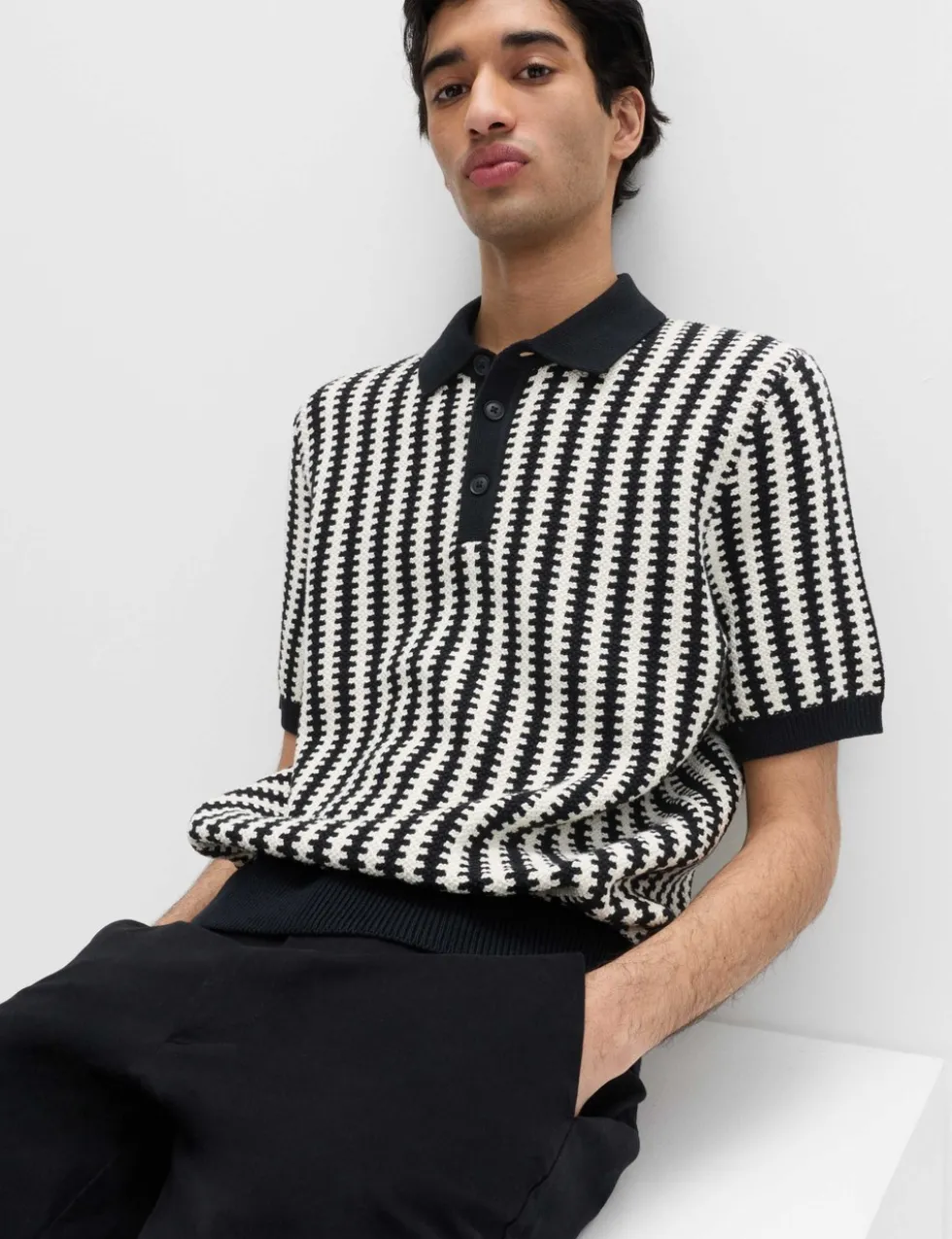 Pure Cotton Textured Striped Knitted Polo Shirt