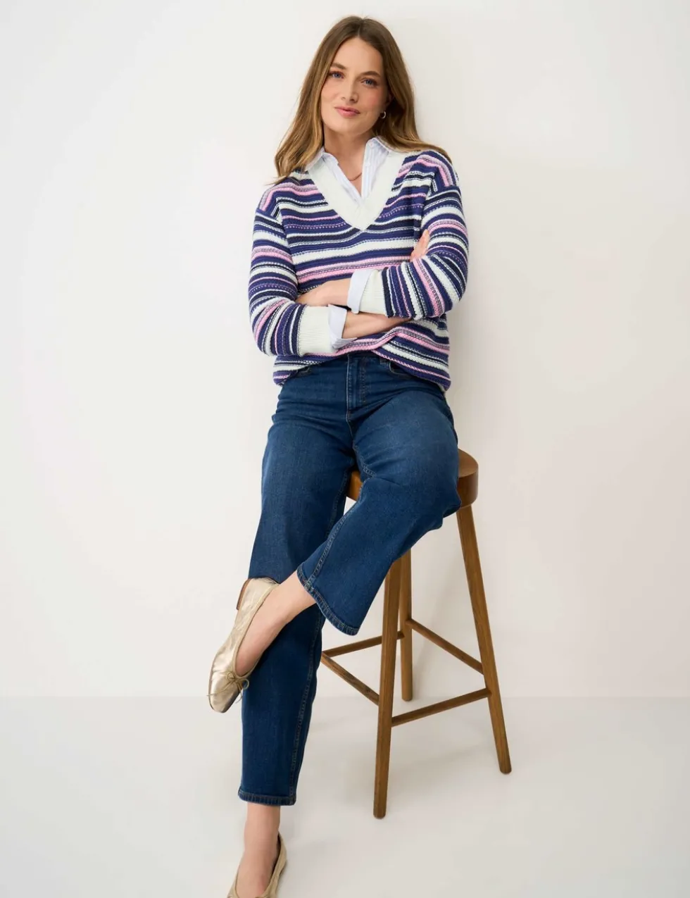 Pure Cotton Textured Striped V-Neck Jumper