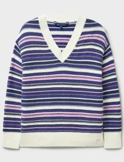 Pure Cotton Textured Striped V-Neck Jumper