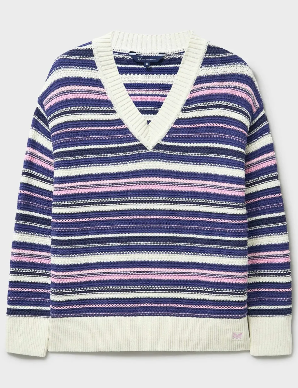 Pure Cotton Textured Striped V-Neck Jumper