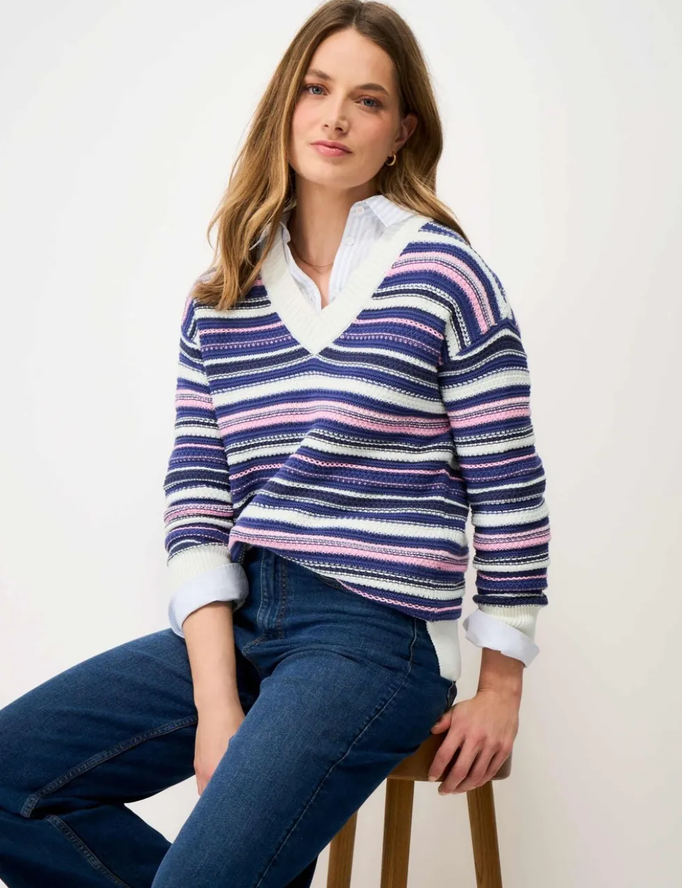 Pure Cotton Textured Striped V-Neck Jumper