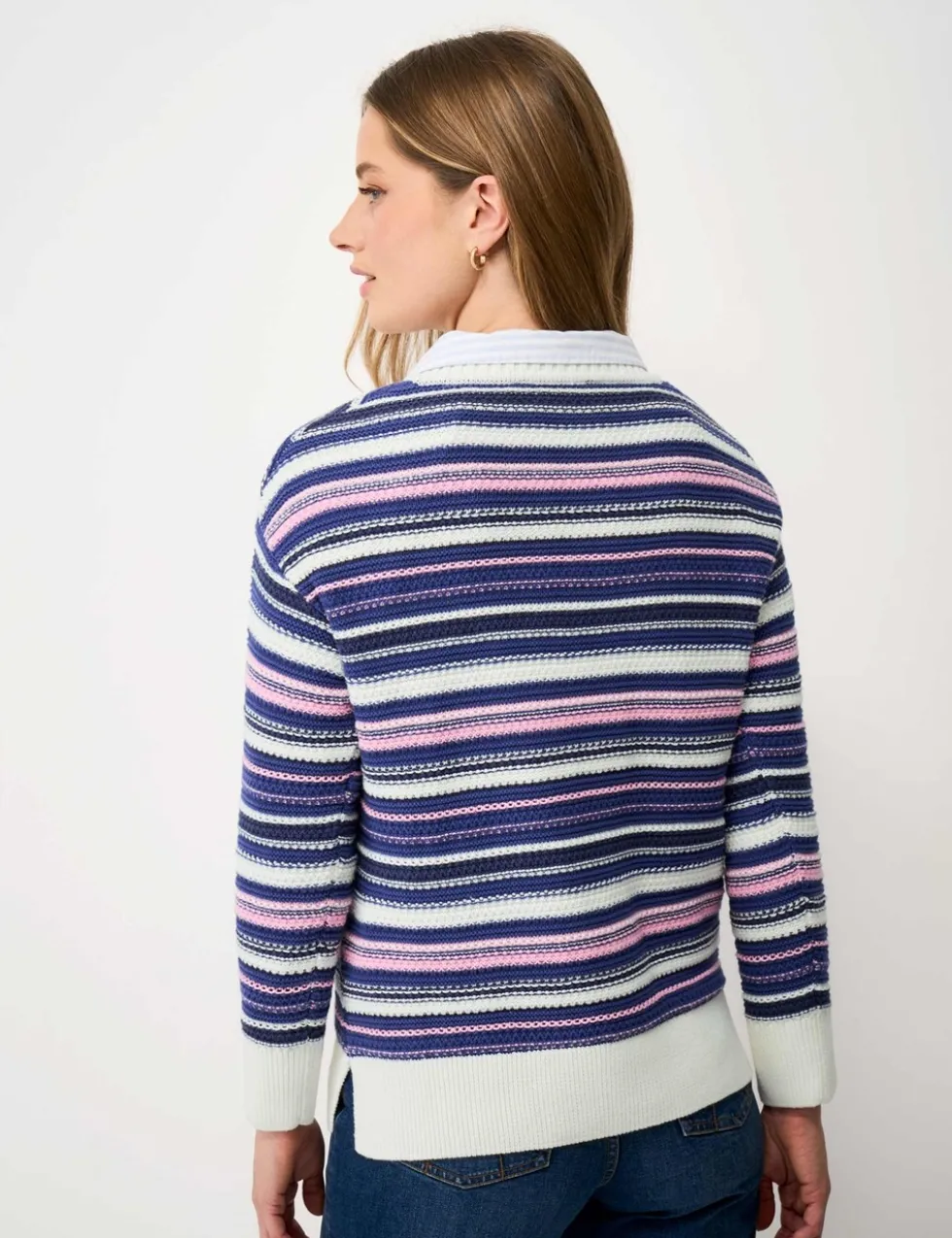 Pure Cotton Textured Striped V-Neck Jumper