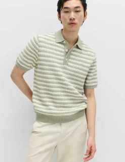 Pure Cotton Textured Striped Knitted Polo Shirt