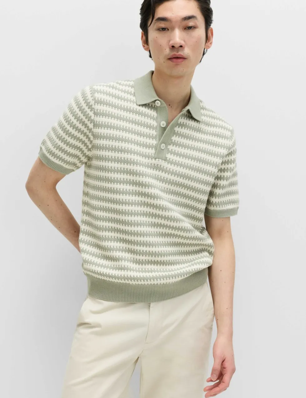 Pure Cotton Textured Striped Knitted Polo Shirt