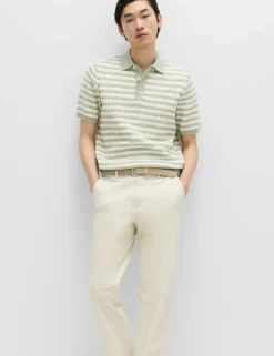 Pure Cotton Textured Striped Knitted Polo Shirt